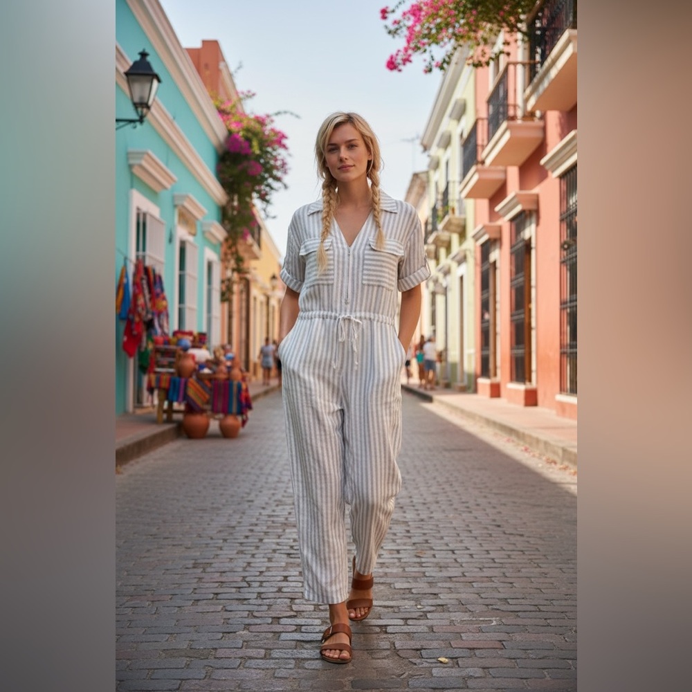NWOT Milio-Milano Aveline Taupe Stripe Italian White Linen Pocketed Pants Romper